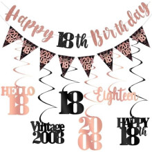 Decoraciones para el 18 cumpleaños de chicas: pancarta vintage en negro y oro rosa, espirales, kit de fiesta. Compatible con la temática de 2008.
