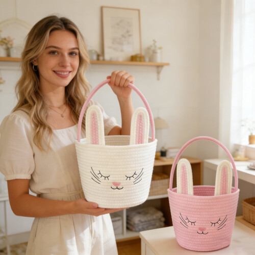Cesta de Páscoa em formato de coelho, 38 cm (15 polegadas), feita em corda de algodão trançada, ideal para guardar brinquedos e outros itens. 1