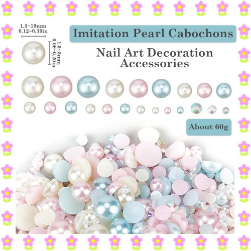Pérolas de plástico com base plana, 60g, imitação de pérolas, strass com base plana, rosa, azul e branco. Pérolas semicirculares com base plana. 1