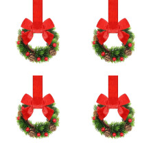 Mini Coroas de Natal para Armários de Cozinha | Decoração Natalina Pequena de 25 cm com Laço de Fita Vermelha | Conjunto de 4 para Decoração de
