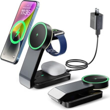 Stație de încărcare wireless 3 în 1 compatibilă cu dispozitive Apple: iPhone 15/14/13/12, Apple Watch, AirPods – MagSafe, cu lumină, cu