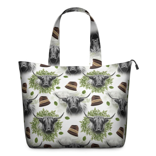 Λευκή γυναικεία τσάντα Tote με καπέλο Highland Cow Hat Leaf – Χειρός, Σαββατοκύριακου και
