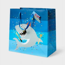 Grand sac cadeau carré en forme de requin pour anniversaire, avec étiquette bleue