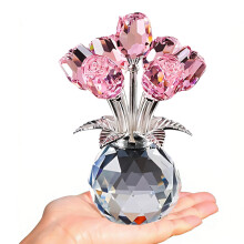 Kristall-Rosen-Blumenfigur mit Vase,-Rosa
