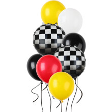 Ballonnenpakket Raceauto – 20 stuks geruite latexballonnen (geel/rood/zwart) voor de decoratie van een 1e/2e verjaardagsfeestje voor jongens –