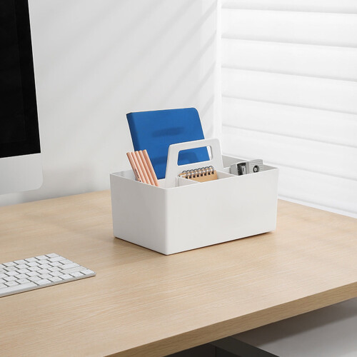 Square Storage Basket, Plastic, Stackable Design, Partitioned Organizer, for Dormitory, Home, and Desktop Drawer Storage, White, by