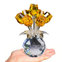 Handmade Crystal Rose Flower Figurine with Vase,Crystal-Yellow