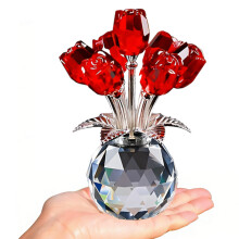 Crystal Rose Flower Figurine with Vase,Crystal Bouquet-Red