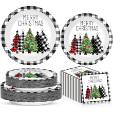 200Pcs Christmas Buffalo Plaid Paper Plates & Napkins, Black/White Gingham, Compatible with Xmas Tree Decor
