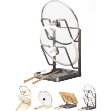 Soporte de acero inoxidable para tapas de ollas con bandeja recogegotas y soporte para espátulas – Compatible con la mayoría de ollas y sartenes.