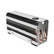 Dissipador de calor metálico para HDDs NVMe com tubos de cobre duplos e indicador de temperatura visível.