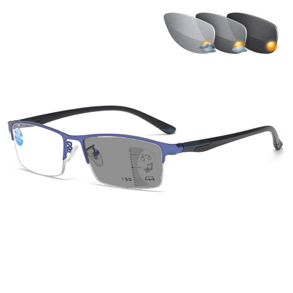 Blue/Gray Men's Frame Progressive Photochromic Reading Glasses +3.50, Metal Rectangle Half-Rimless Transition Multifocus Readers