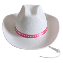 White Western Hat With Pink Ribbon Decors And Adjustable Neck