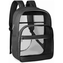 Heavy Duty Clear Backpack – PVC & Fabric, Reinforced Straps, Compatible with School/College/Travel/Security, Black