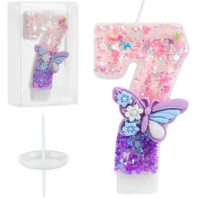 Pink & Purple Butterfly Glitter Number 7 Candle Cake Topper with Sequins – Compatible with All Cakes