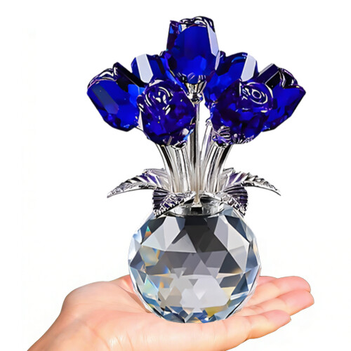 Handmade Crystal Rose Flower Figurine with-Deep Blue
