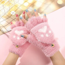 Kids Knitted Half Finger Gloves with Flip Top Winter Warm Cute Paw Printing Typing Gloves Convertible Mittens for Girls Boys