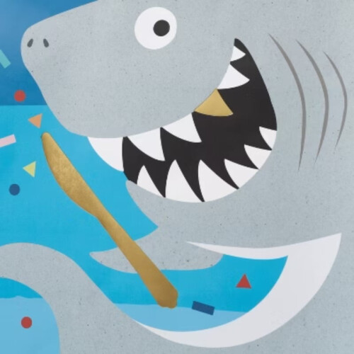 Μεγάλη τετράγωνη τσάντα δώρου γενεθλίων Shark με ετικέτα σε μπλε χρώμα 2