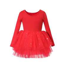 Girls Ballet Tutu Dress Long Sleeve Round Neck Chiffon Dance Dress Elastic Waistband for Performance Spring Summer,Z04 Red,5-6 Years