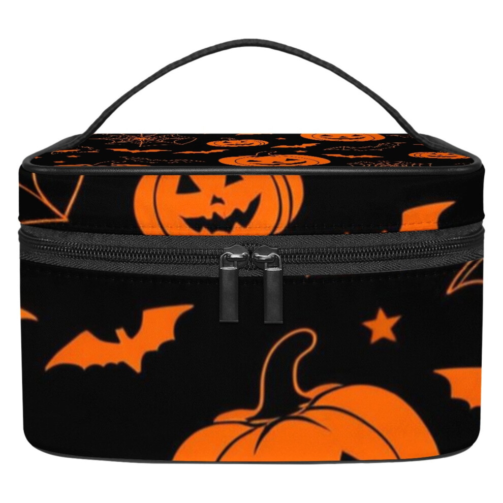 Halloween Pumpkin Bat Makeup Bags Travel Cosmetic Bag Case, Large Capacity Organizer and Storage, Portable Pouch Toiletry bag for Women & Girls