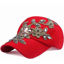 Women's denim baseball cap with flower rhinestone detail