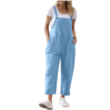Women's Light Blue Sleeveless Strappy Jumpsuit Romper – Comfortable, Lightweight, Pocket Detail, Casual Summer Wear, Compatible with Warm Weather