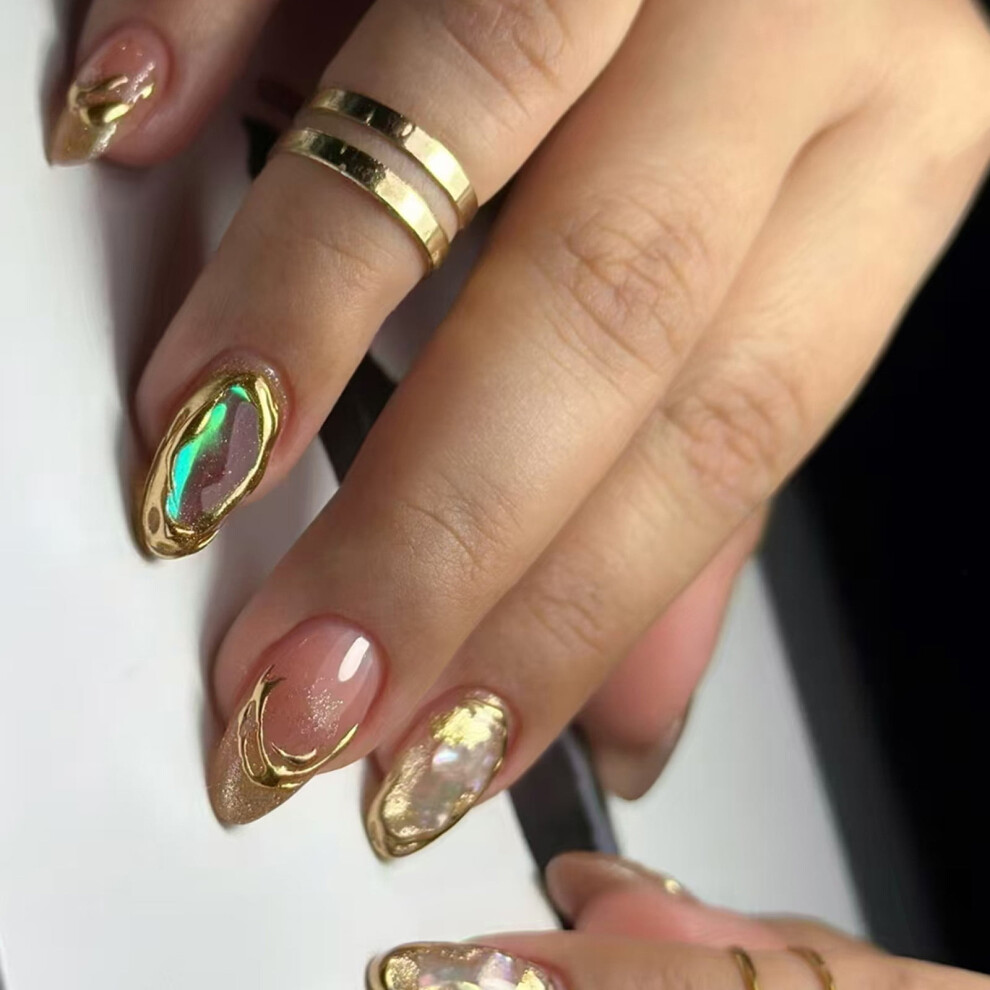 Gold 24 Pcs Simple Artificial Nails Almond Shape Full Covers False Nails Glittering On Nails Quicksands