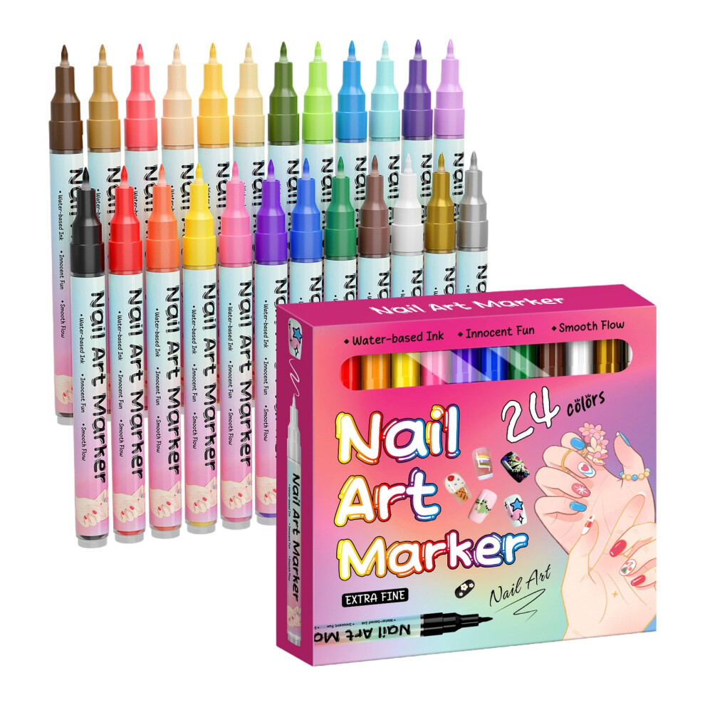 Magiart Waterproof Nail Art Pen Set, 12 Colors, 0.5mm Fine Tip, Quick-Drying, for Dotting/Painting/Lining â 24PC