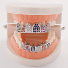 Christmas Rainbow Zirconia Copper Grillz Set for Men & Women, Top & Bottom Multi-Color Teeth Jewelry, Festive Hip Hop Party Dental Accessory