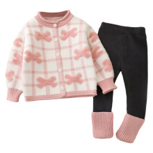 Girls' Knitted Cardigan and Leggings Set Round Neck Sweater and Leggings Combination Autumn/Winter Collection