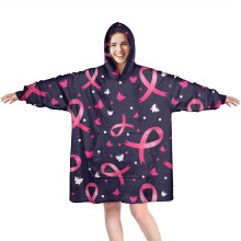Pink Breast Cancer Wearable Blanket Hoodie for Adults, Cozy Fuzzy Pullover with Super Pockets – Compatible with All Sizes