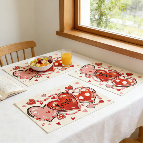 6PCS Heart Pattern Kitchen Dining Mats Fabric Waterproof for-24 2