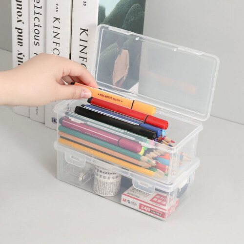 Caja de almacenamiento rectangular de plástico transparente de 8 pulgadas con tapa abatible.