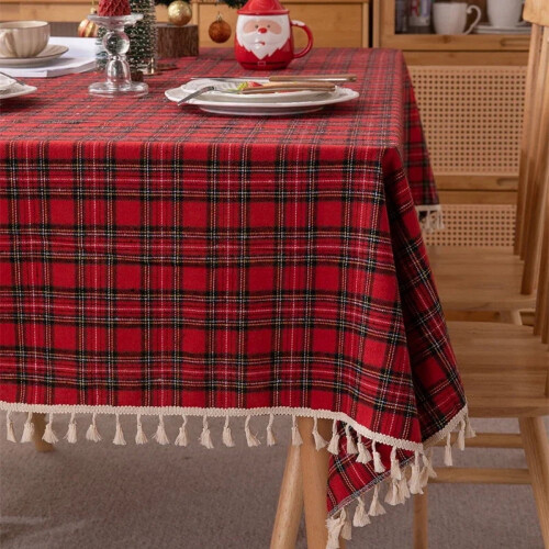 Red and Green Plaid Polyester Tablecloth 2