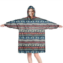 Wearable Oversized Blanket Hoodie, Christmas Reindeer Pattern, Cozy Fuzzy Pullover with Super Pockets for Women & Men
