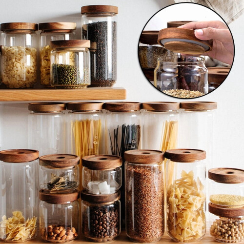 Pote de vidro hermético, transparente, para cereais, alimentos, café e chá, com tampa de madeira. 1