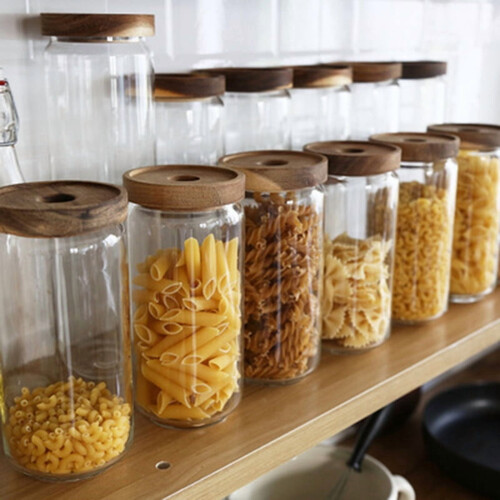 Pote de vidro hermético, transparente, para cereais, alimentos, café e chá, com tampa de madeira. 2