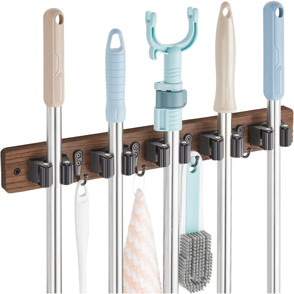 Unimall Wall-Mount Mop & Broom Holder Â Wood Tool Rack With 5 Slots & 4 Hooks, Compatible With Rustic Kitchen, Garage, Laundry, Closet 9399596054186
