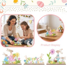 Fröhliche Ostern Tischschild aus Holz – Cartoon-Hase und Baby mit Blumen und Eiern – Freistehende Frühlingsdekoration für Zuhause/Küche