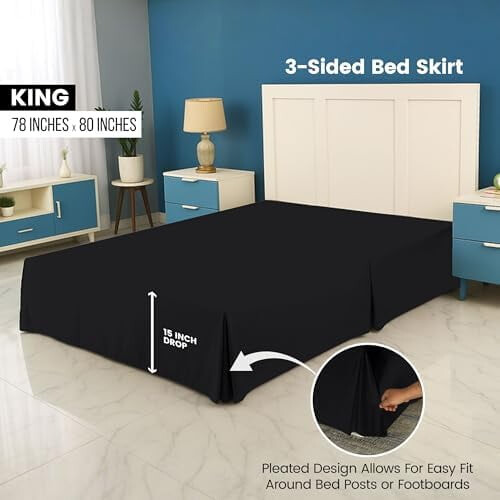 Saia para cama king size preta, macia, com quatro pregas e queda de 40 cm (16 polegadas). 1