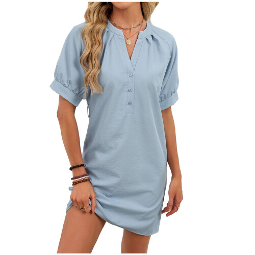 Γυναικείο Μονόχρωμο Νυχτικό με V-Neck, Κοντομάνικο, Στενή Γραμμή, Άνετο Φόρεμα Ύπνου 1