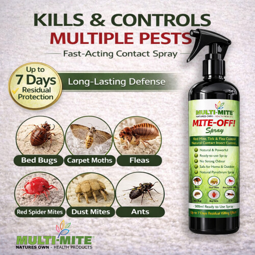MULTI-MITE 2 X MITE OFF 500ML Flea Spray & ALL Mites Killer Home Safe 1