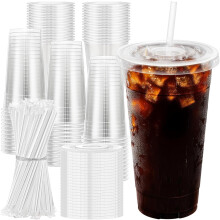 24oz klare plastkopper med lokk og sugerør – 100-pakning