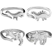 Dinosaurierringe, verstellbar, Legierung, Silber, 4 Stück