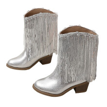 Cowgirl Boots for Girls, Silver Leather Western Style with Tassels, Comfortable Sole – Compatible with 8-9 Years