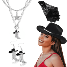 Σετ σκουλαρίκια με καπέλο και μπότα Cowgirl με στρας και μαύρο χρώμα