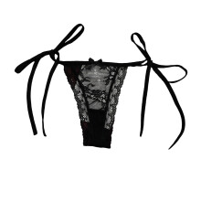 Women's Lace Thong Underwear, Low-Rise T-Back G-String with Tie Side Straps, Hollow-Out Design, Comfortable & Breathable – Black