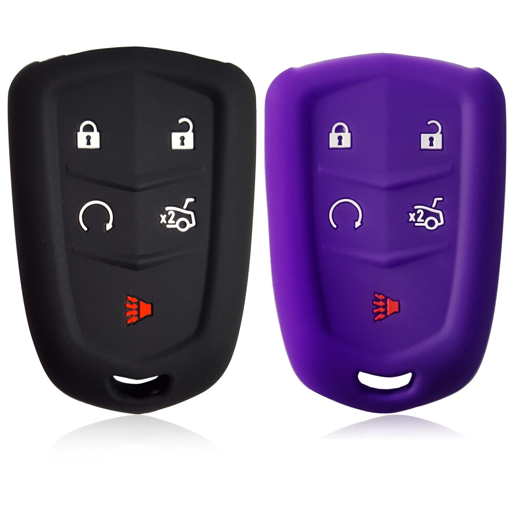 2Pcs 5-Button Silicone Key Fob Cover For Cadillac Xt5, Ats, Ct6, Xts, Srx, Cts, Escalade (2016Â2017) Â & Black/Purple 9402001074317
