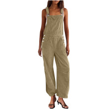 Jardineira feminina de veludo cotelê, pernas largas, modelagem ampla, com peitilho ajustável e bolsos – Cáqui, tamanho XL, ideal para looks