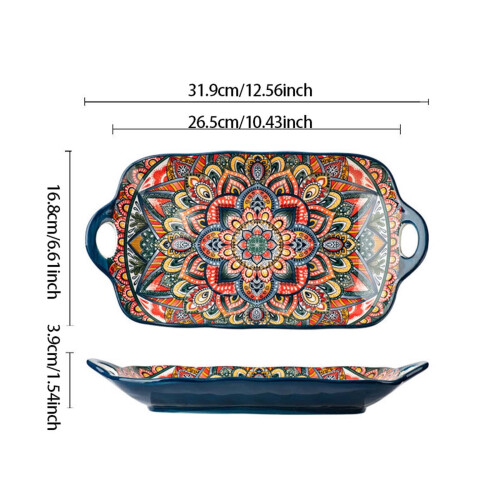 Bohemian Ceramic Rectangular Serving Platter - 12.6inch Large Capacity Dinner Plate with Double Handles 2